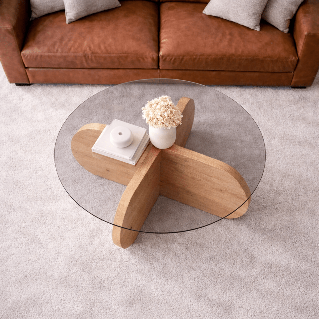 Mesa de salón Aris Redonda 75 cm Vidrio - Melamina de Roble 