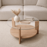 Salontafels - Ronde salontafel eiken melamine transparant glas Ø75 cm - Cairo - Dimehouse