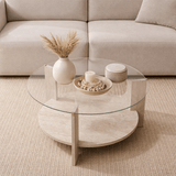 Salontafels - Ronde salontafel travertin melamine transparant glas Ø75 cm - Cairo - Dimehouse