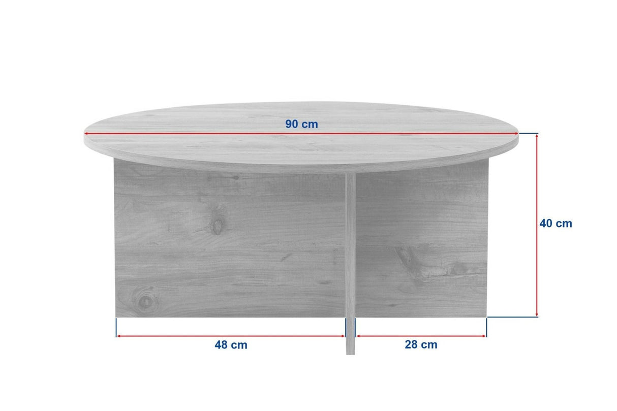Mesa de centro redonda de dimensiones foto en color blanco con tapa de travertino y base de madera oscura en forma de cruz.