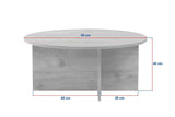 Mesa de centro redonda de dimensiones foto en color blanco con tapa de travertino y base de madera oscura en forma de cruz.