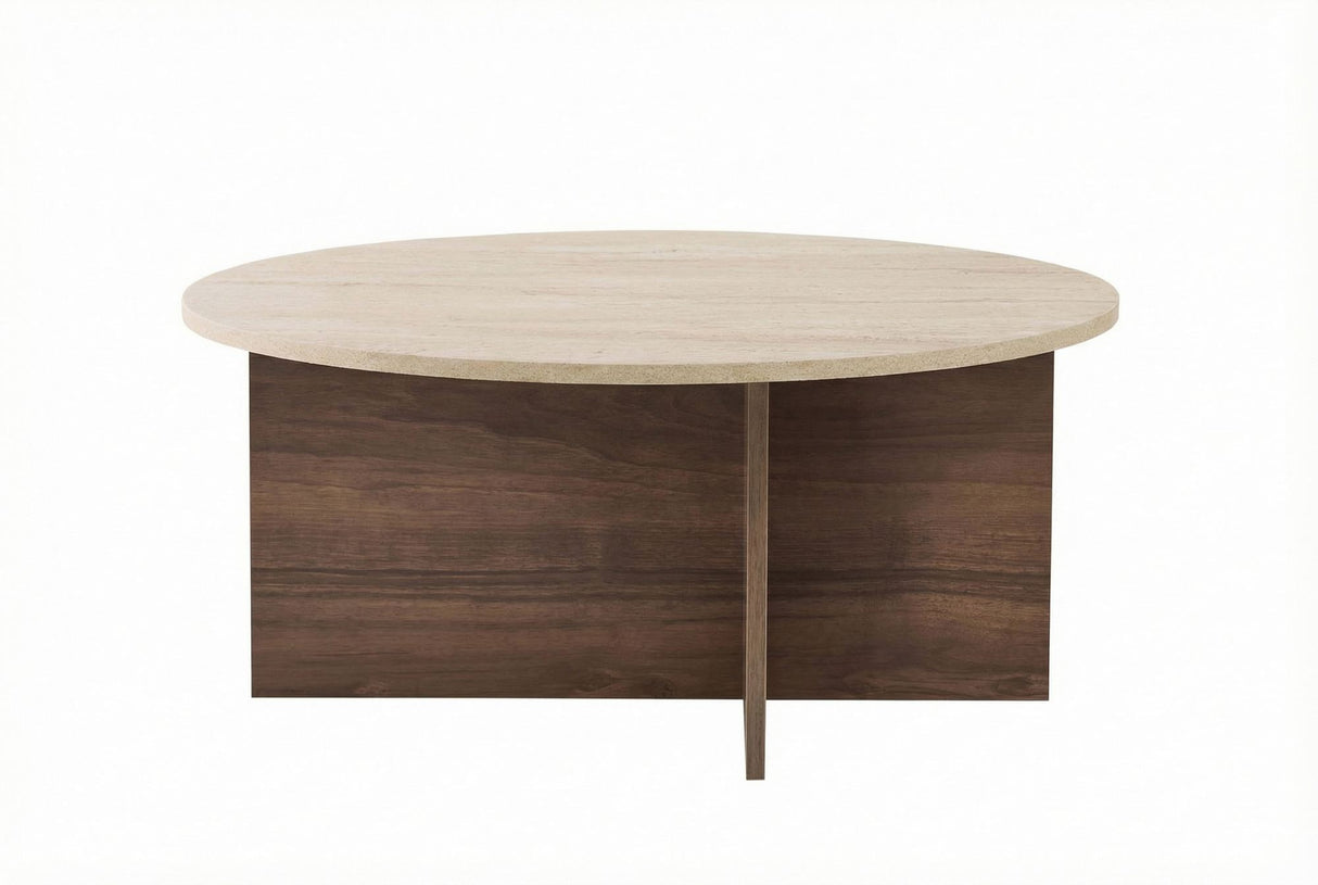 Mesa de centro redonda fotográfica en color blanco con tapa de travertino y base de madera oscura en forma de cruz.