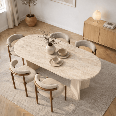 Mesa de comedor ovalada de melamina travertino - Japandi - 180x89,5x75 cm - Sota