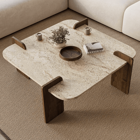 Mesa de centro travertino con nogal - melamina -90 x 90 cm - Alfro