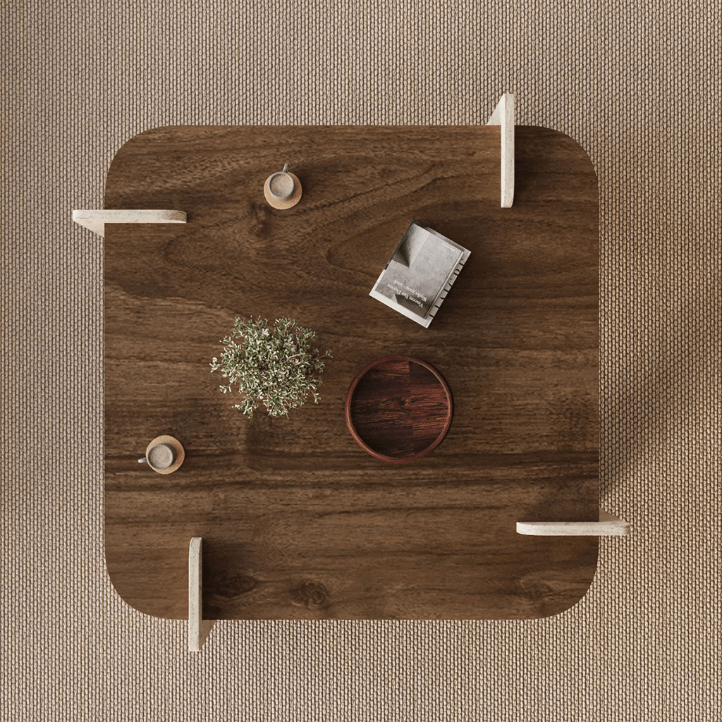 Salontafels - Japandi salontafel walnoot met travertin - melamine - 90 x 90 cm - Alfro - Dimehouse