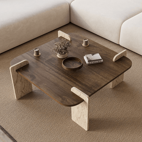 Mesa de centro de nogal con travertino - melamina -90 x 90 cm - Alfro
