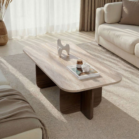 Mesa de centro de melamina nogal con tapa de travertino - Japandi - 120x60 cm - Akira