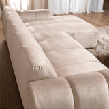 Sofás-Sofá rinconera con salón tejido textura terciopelo beige - rayas - derecha - Brix-Dimehouse