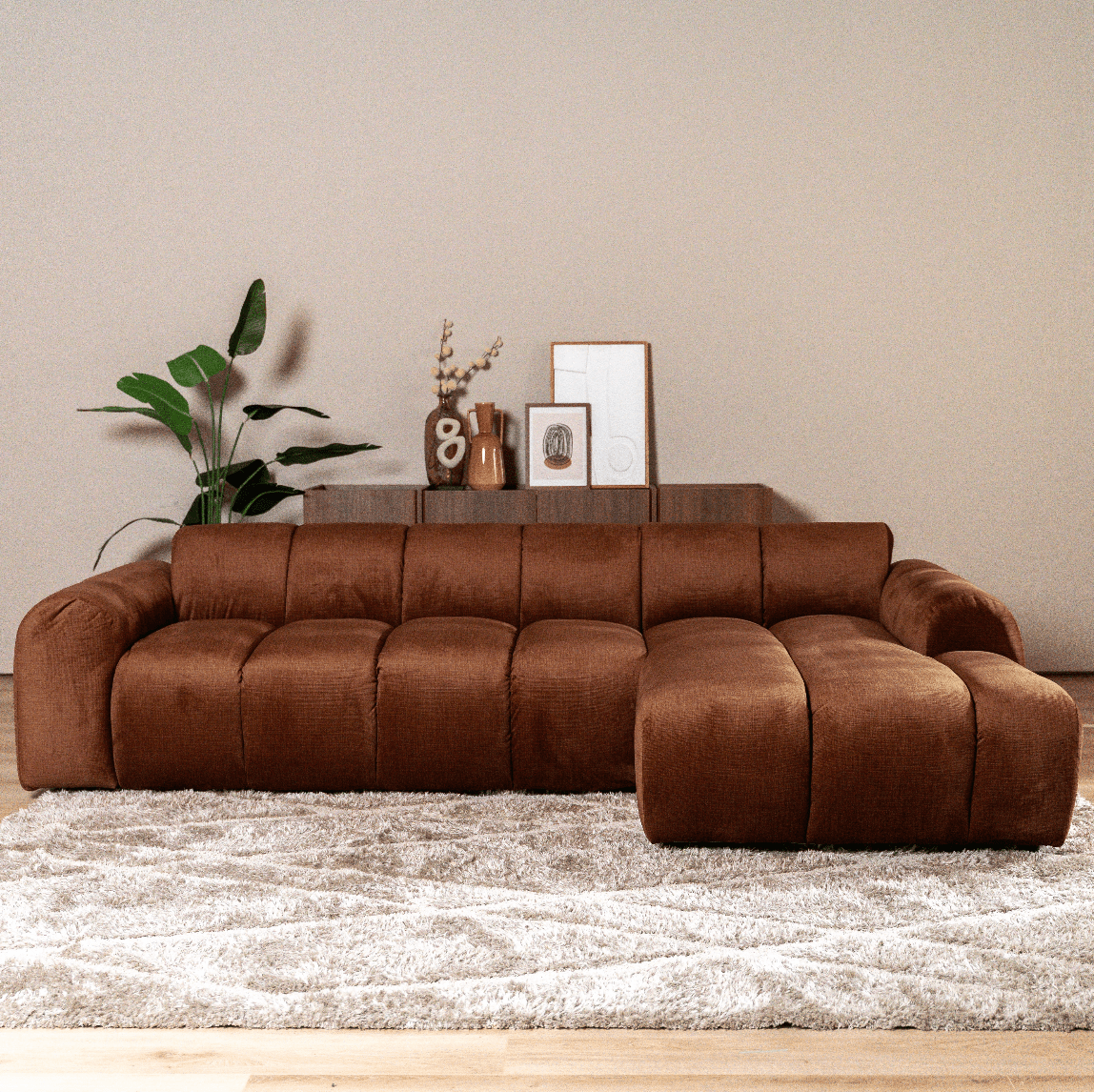 Sofás-Sofá rinconera con salón tejido textura terciopelo cobre - rayas - derecha - Brix -Dimehouse