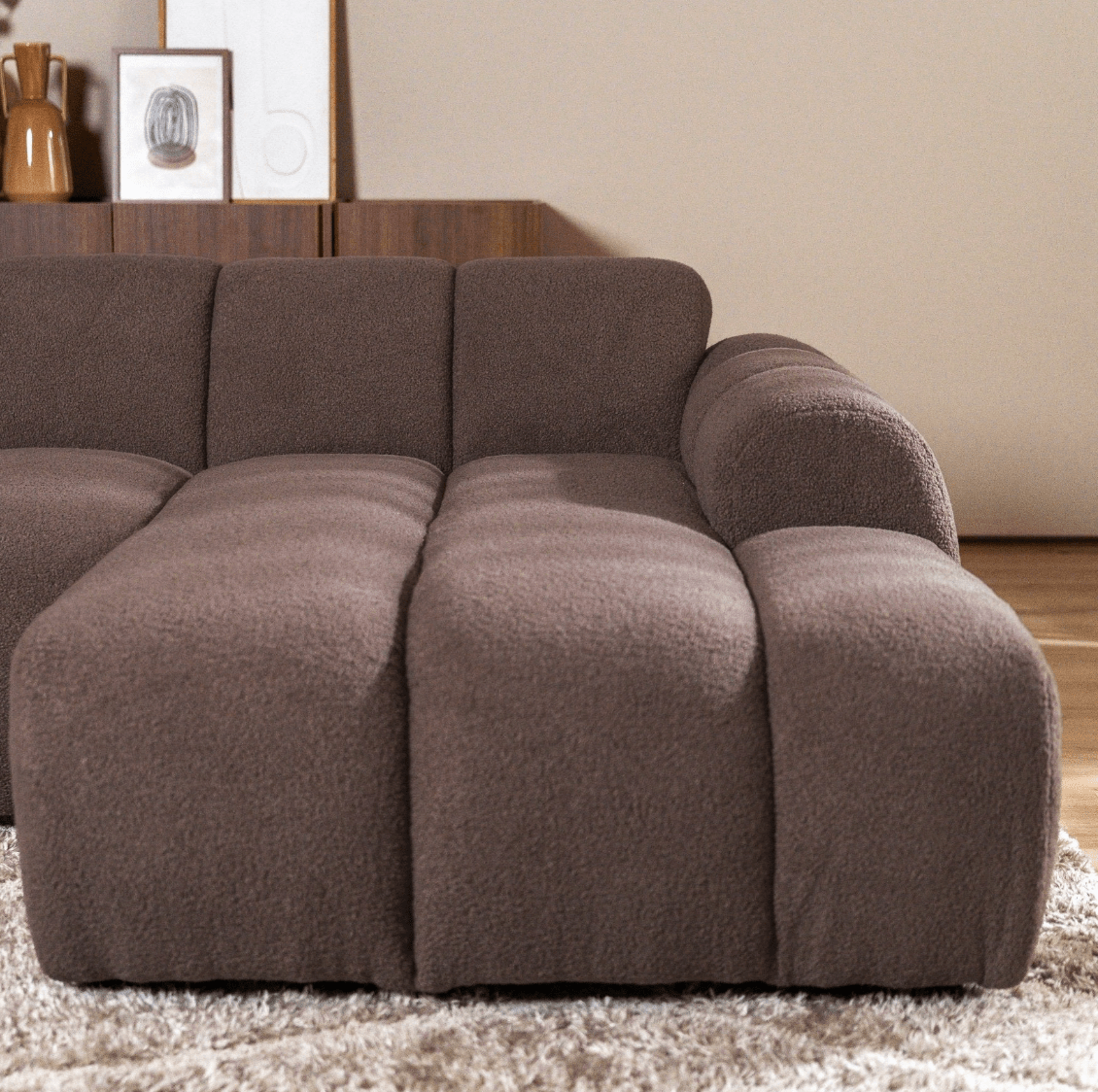 Sofás-Sofá rinconera con salón en suave tela bouclé marrón - rayas - derecha - Brix-Dimehouse