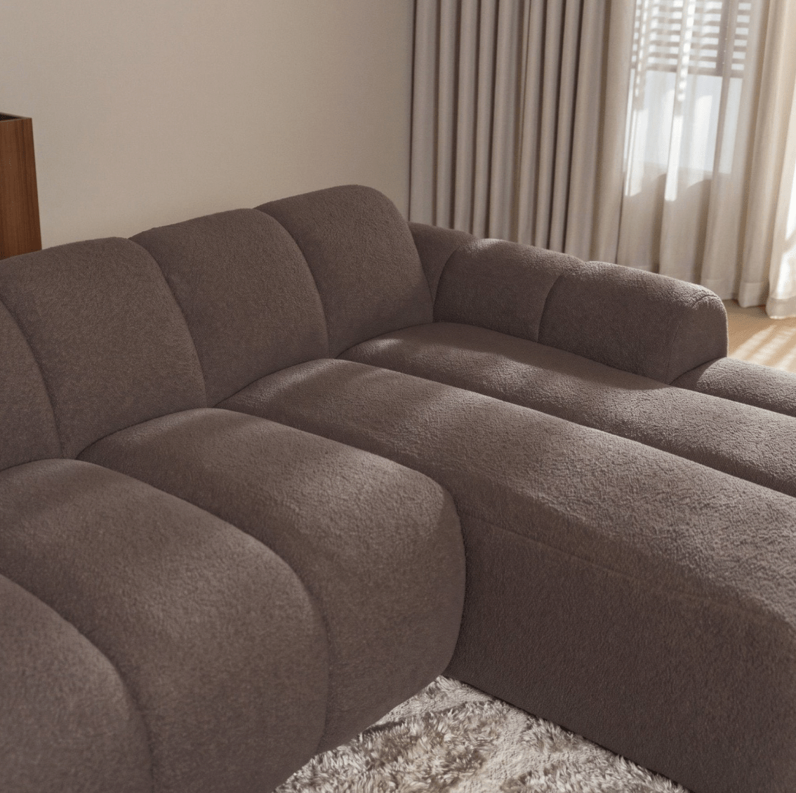 Sofás-Sofá rinconera con salón en suave tela bouclé marrón - rayas - derecha - Brix-Dimehouse