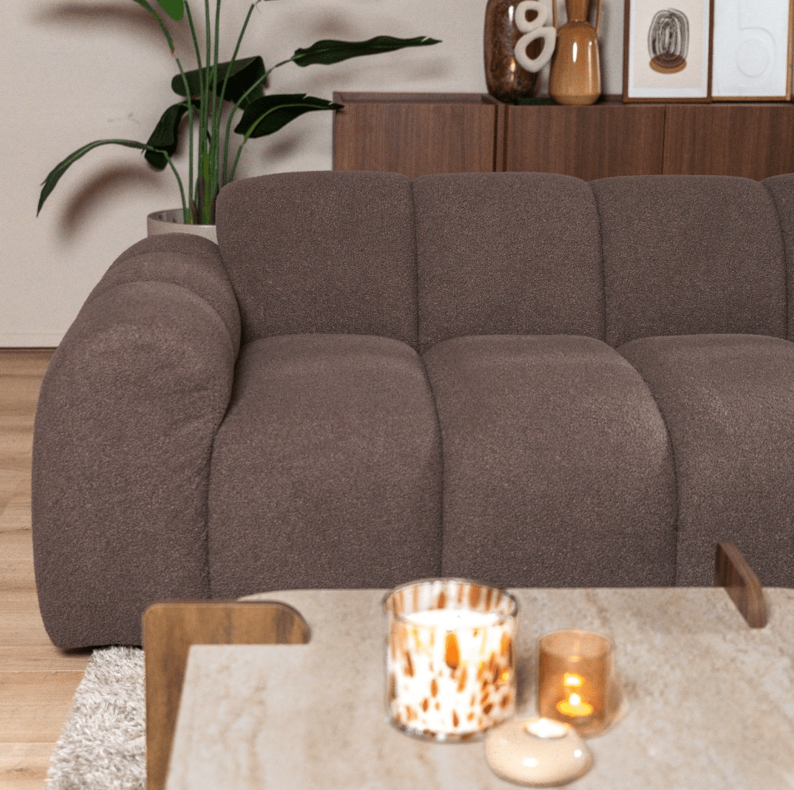 Sofás-Sofá rinconera con salón en suave tela bouclé marrón - rayas - derecha - Brix-Dimehouse