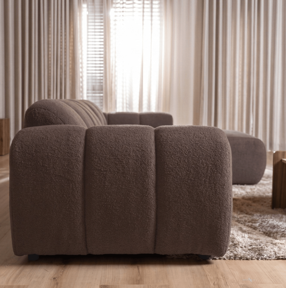 Sofás-Sofá rinconera con salón en suave tela bouclé marrón - rayas - derecha - Brix-Dimehouse
