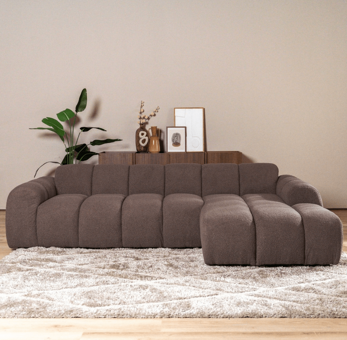 Sofás-Sofá rinconera con salón en suave tela bouclé marrón - rayas - derecha - Brix-Dimehouse
