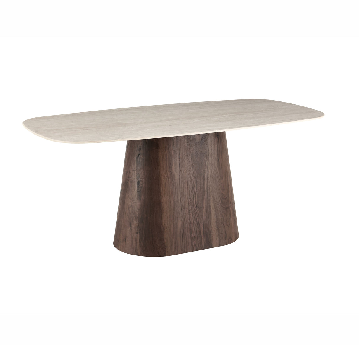 Mesa de Comedor Lea de Travertino con Aspecto de Piedra Sinterizada 180x90 cm - Estructura de Nogal - Ovalada Danesa