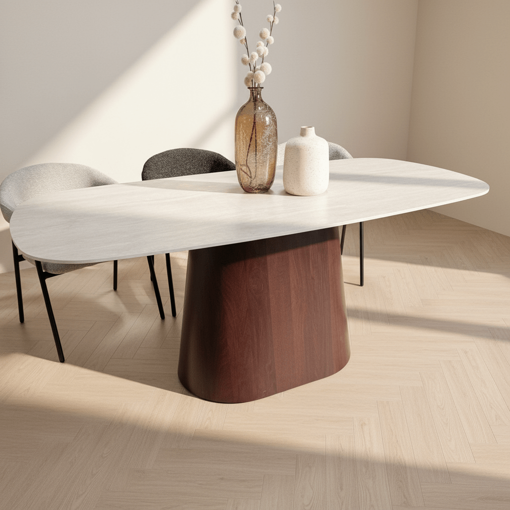Mesa de Comedor Lea de Travertino con Aspecto de Piedra Sinterizada 180x90 cm - Estructura de Nogal - Ovalada Danesa
