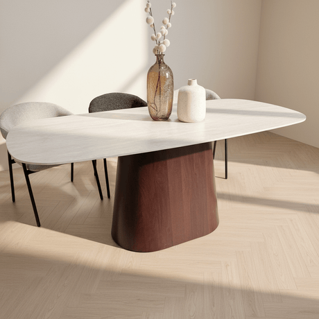 Mesa de Comedor Lea de Travertino con Aspecto de Piedra Sinterizada 180x90 cm - Estructura de Nogal - Ovalada Danesa