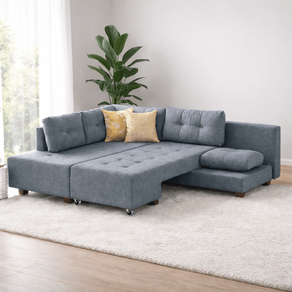 Sofá cama tela azul claro - XL 280x206 cm - con ruedas - Izquierdo - Manama