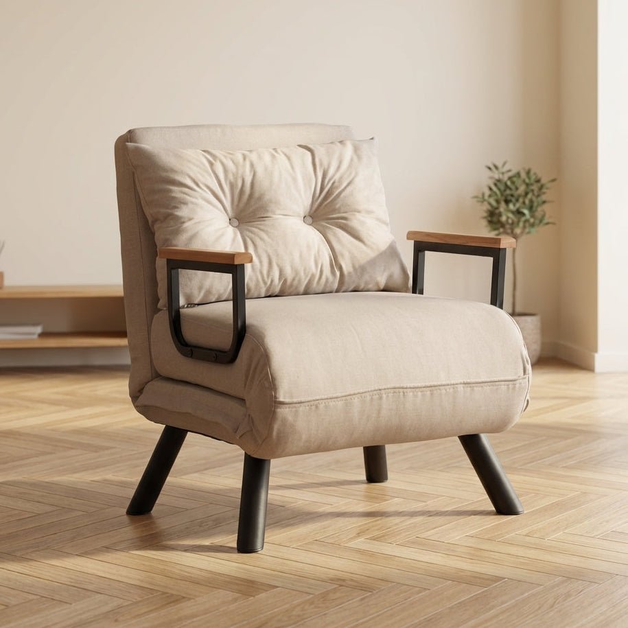 Sillón-dormitorio Sando de tela crema-amarillo claro, una fotografía atmosférica en un interior moderno