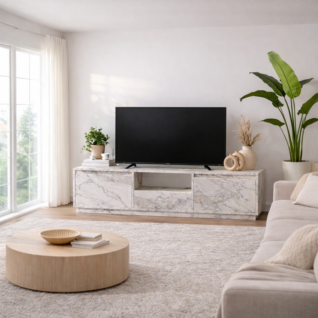 TV Meubels - TV Meubel Marmer Melamine - drie kastjes - 160x42x29,5 cm - Flare - Dimehouse