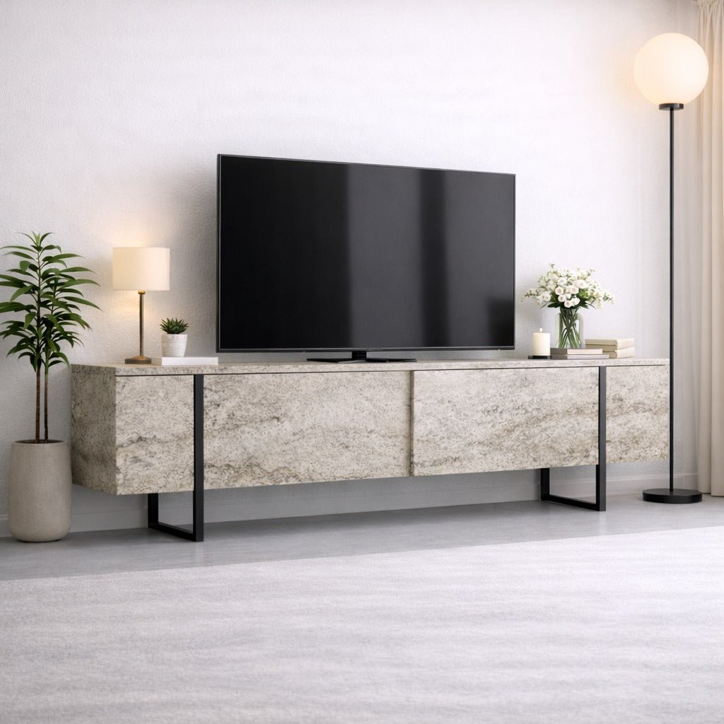 TV Meubels - TV Meubel Travertin Luxe 180x50x30 - Zwart Frame - Dimehouse