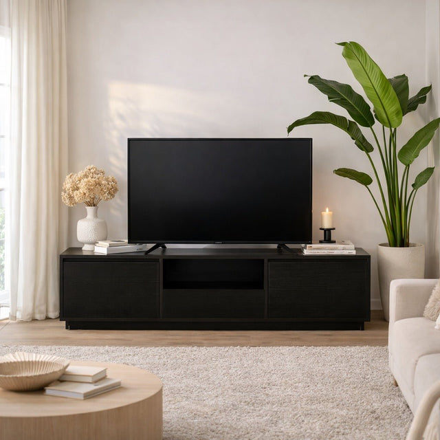 TV Meubels - TV Meubel Zwart Melamine - drie kastjes - 160x42x29,5 cm - Flare - Dimehouse