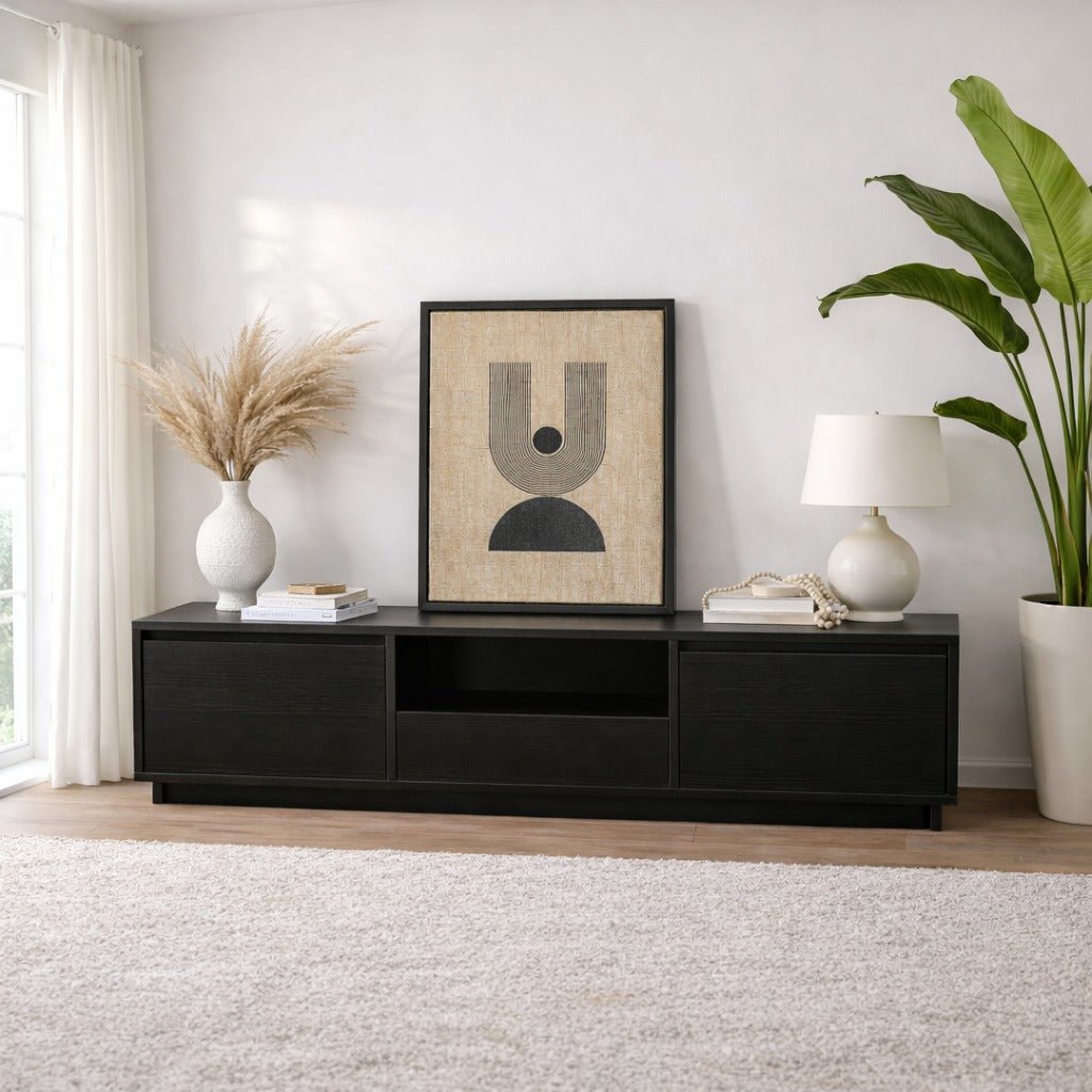 TV Meubels - TV Meubel Zwart Melamine - drie kastjes - 160x42x29,5 cm - Flare - Dimehouse