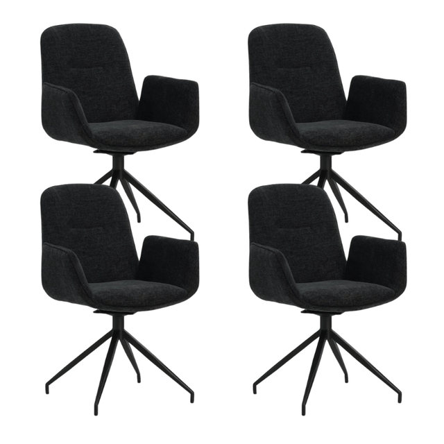 Eetkamerstoelen - Set van 4 Draaibare Eetkamerstoelen Nela Chenille Zwart - Met Armleuningen - Dimehouse