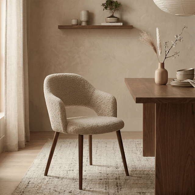 Eetkamerstoelen - Japandi eetkamerstoel zandkleur bouclé Aki - walnoot frame - met armleuning - Dimehouse