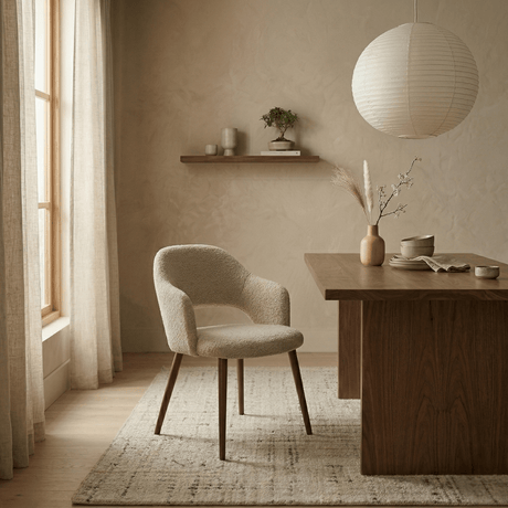 Silla de comedor Japandi color arena bouclé Aki - estructura de nogal - con reposabrazos