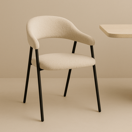 Conjunto de muebles completo: Mesa de comedor Lea de piedra sinterizada con aspecto de mármol travertino - Estructura de roble + 4 sillas de comedor Lisa de bouclé beige 