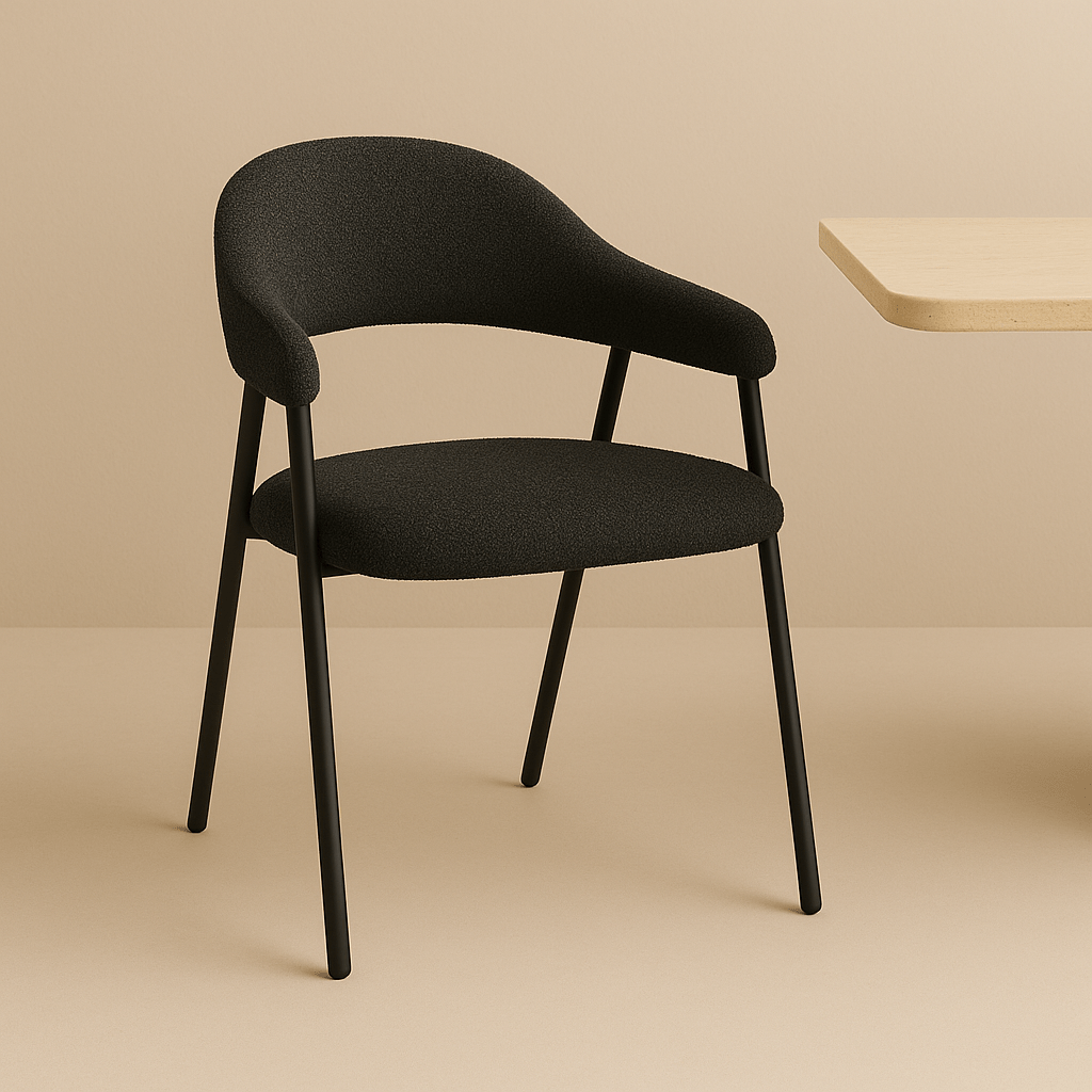Conjunto Completo: Mesa de Comedor Lea Travertino + 4x Sillas Lisa Bouclé Negra 