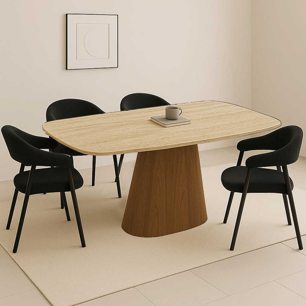 Conjunto Completo: Mesa de Comedor Lea Travertino + 4x Sillas Lisa Bouclé Negra 