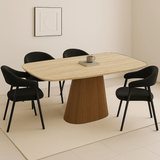 Conjunto Completo: Mesa de Comedor Lea Travertino + 4x Sillas Lisa Bouclé Negra 