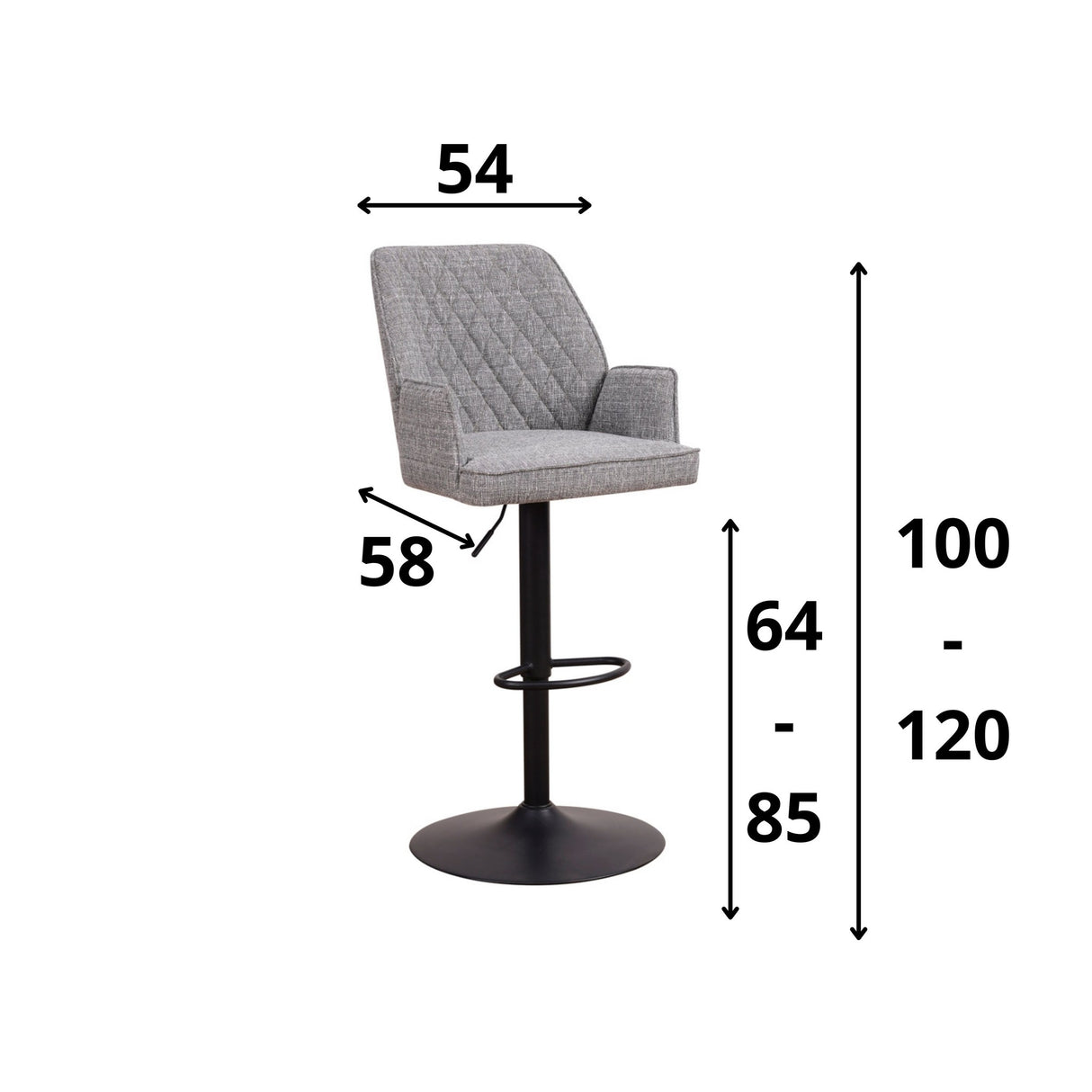 Barkruk Novan chenille Dimehouse Lichtgrijs LxBxH 75x58x54 Stof Witfoto maatindicatie