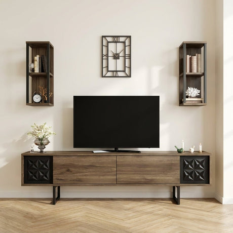 Conjunto de muebles para TV Black Line de melamina negra, nogal, 180x48x30 cm, foto atmosférica en un interior moderno