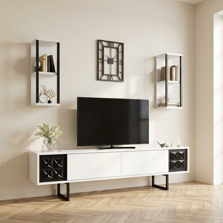 Mueble para TV Black Line de melamina blanca y negra 180x48x30 cm, una foto atmosférica en un interior moderno