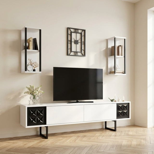 Mueble para TV Black Line de melamina blanca y negra 180x48x30 cm, una foto atmosférica en un interior moderno