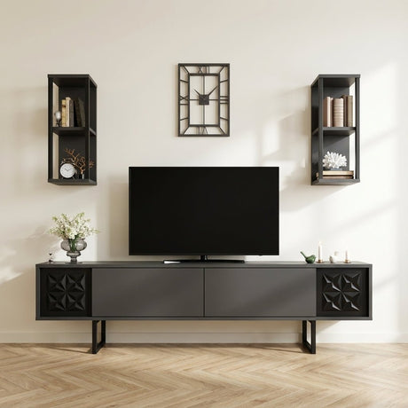 Mueble para TV Black Line de melamina negra antracita 180x48x30 cm, foto atmosférica en un interior moderno