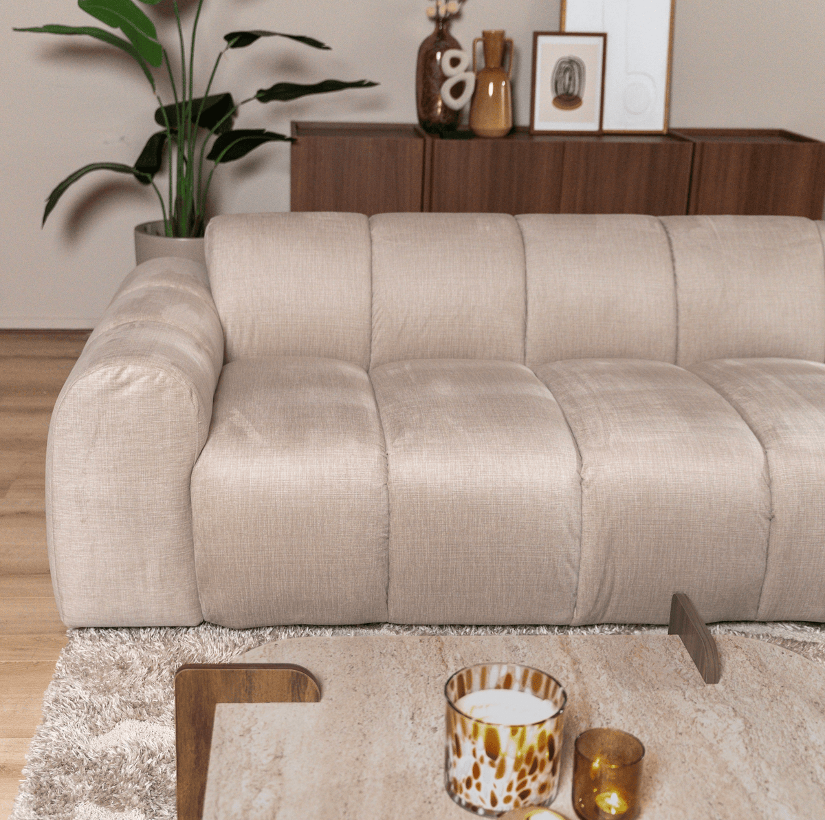 Sofás-Sofá rinconera con salón tejido textura terciopelo beige - rayas - derecha - Brix-Dimehouse