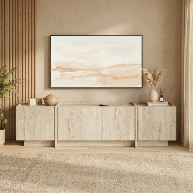 TV Meubels - Tv - meubel Japandi travertin melamine Lowen 180 cm - Dimehouse