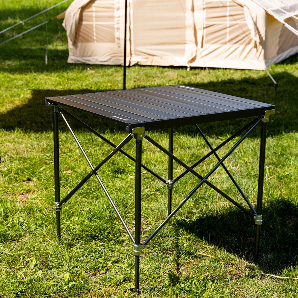 Mesa de camping Plegable aluminio 72x65x51 cm Dimehouse Vista frontal en diagonal para fotografía atmosférica Negro L x An x Al 81x18x18 Aluminio