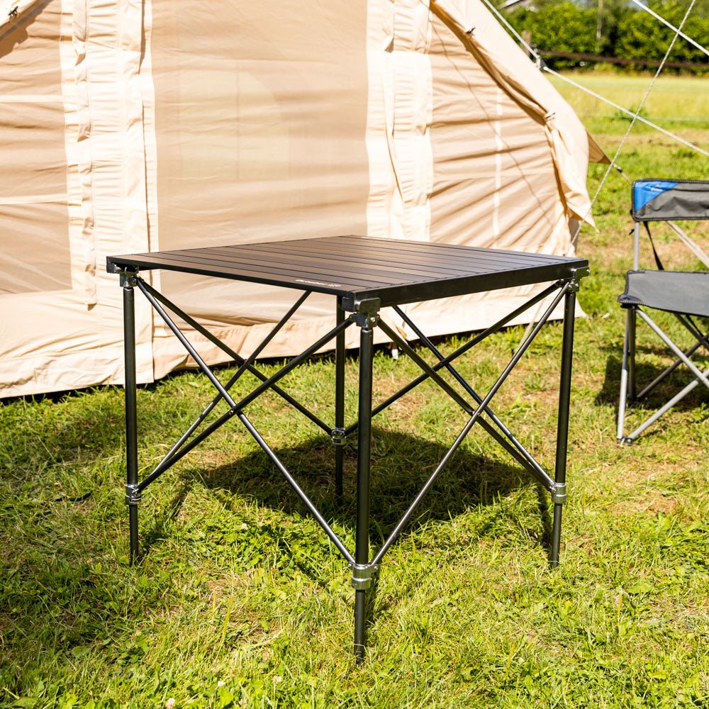 Mesa de camping Plegable aluminio 72x65x51 cm Dimehouse Vista frontal en diagonal para fotografía atmosférica Negro L x An x Al 81x18x18 Aluminio