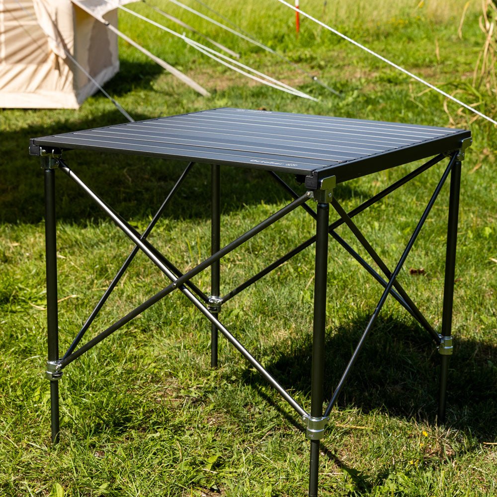 Mesa de camping Plegable aluminio 72x65x51 cm Dimehouse Vista frontal en diagonal para fotografía atmosférica Negro L x An x Al 81x18x18 Aluminio