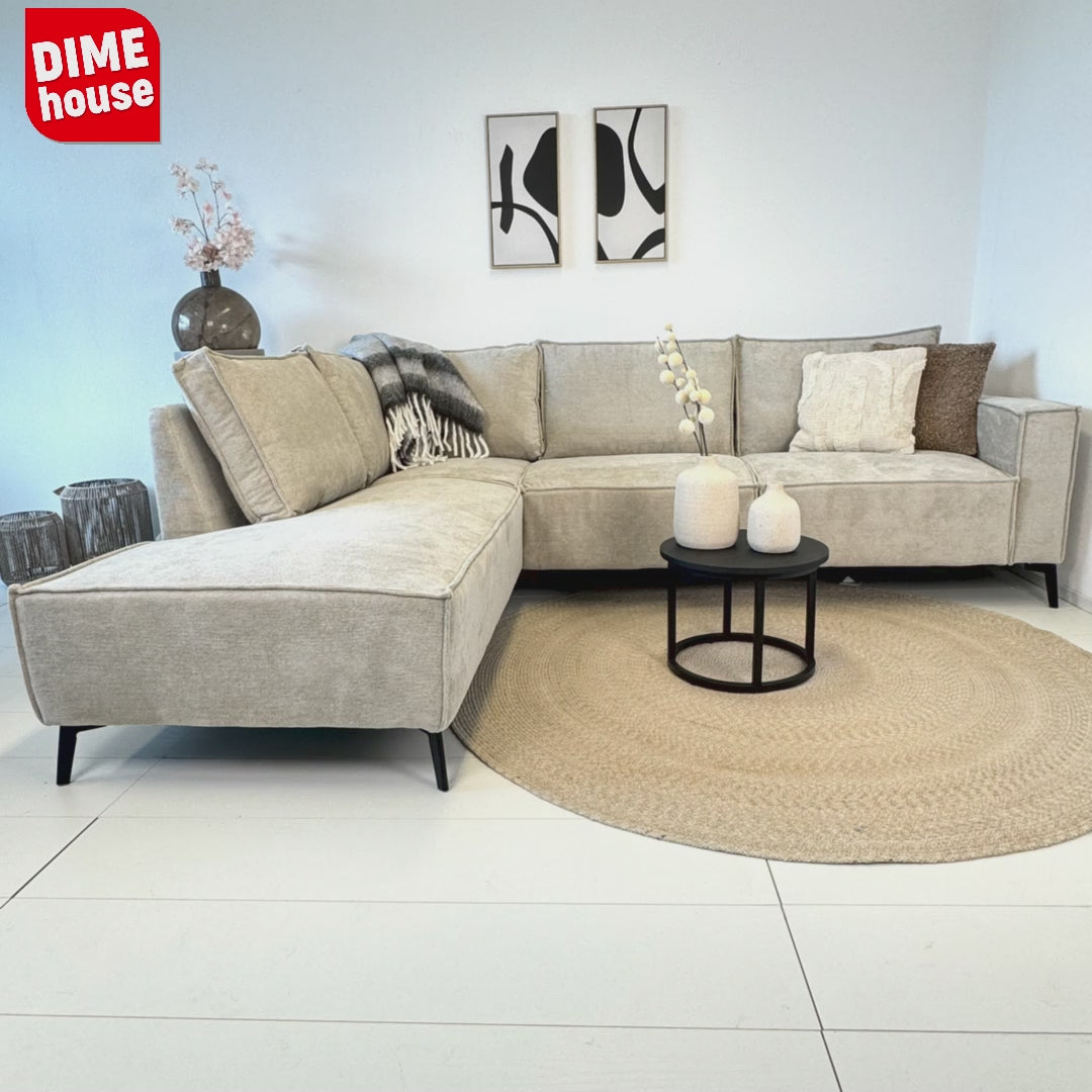 Sofá en esquina con chaise longue de chenilla beige Yara - izquierda 