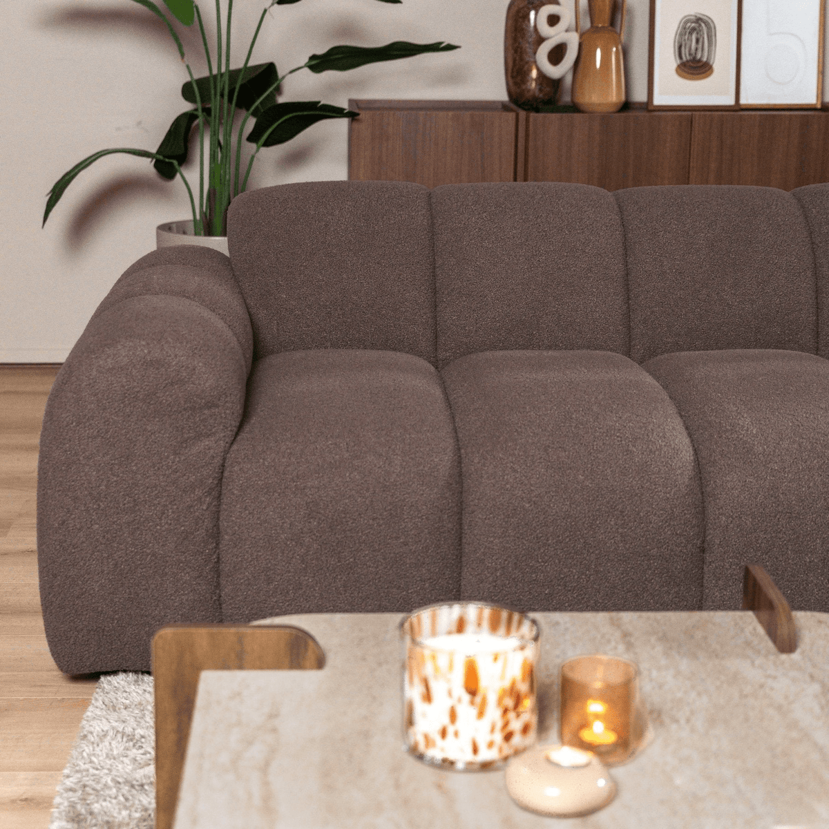 Sofás-Sofá rinconera con salón en suave tela bouclé marrón - rayas - derecha - Brix-Dimehouse