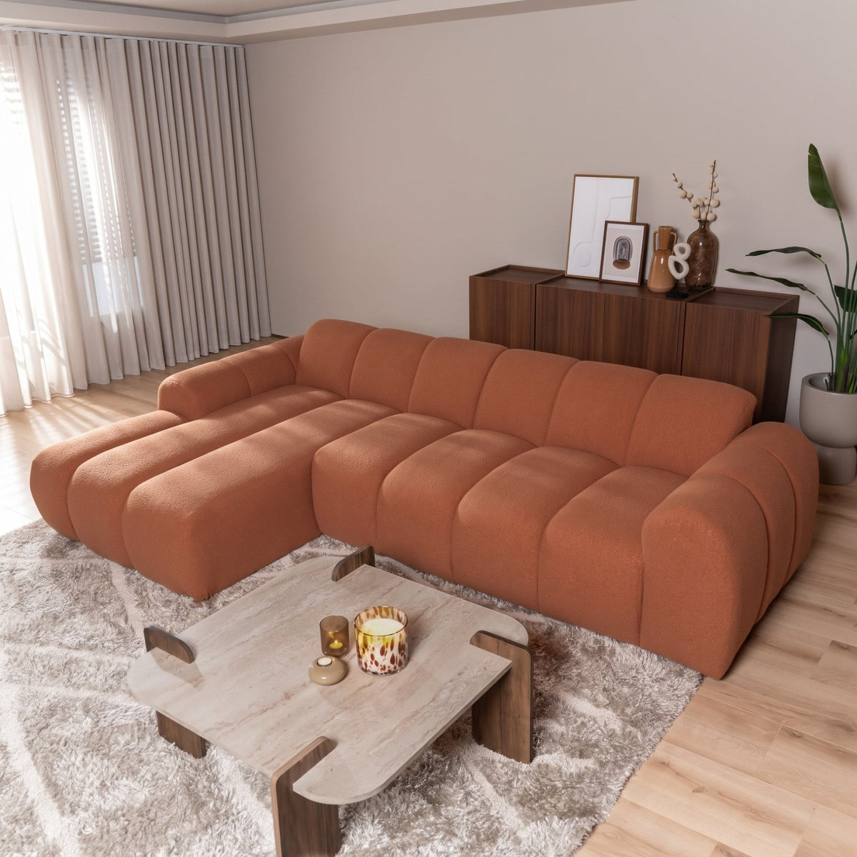 Sofás-Sofá rinconera con salón tejido bouclé cobre - rayas - izquierda - Brix-Dimehouse