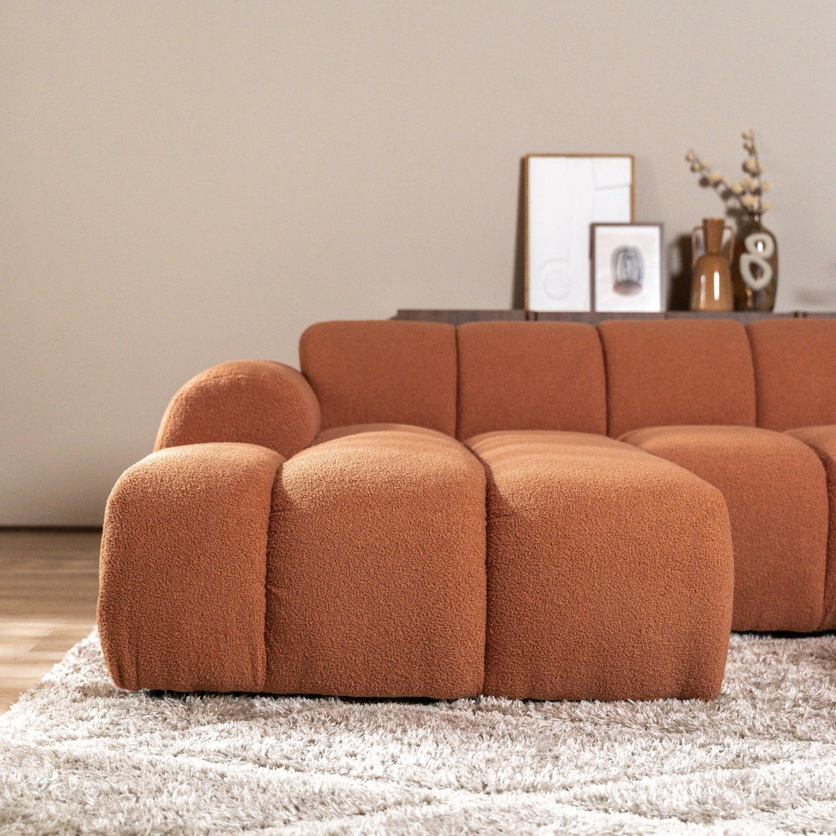 Sofás-Sofá rinconera con salón tejido bouclé cobre - rayas - izquierda - Brix-Dimehouse