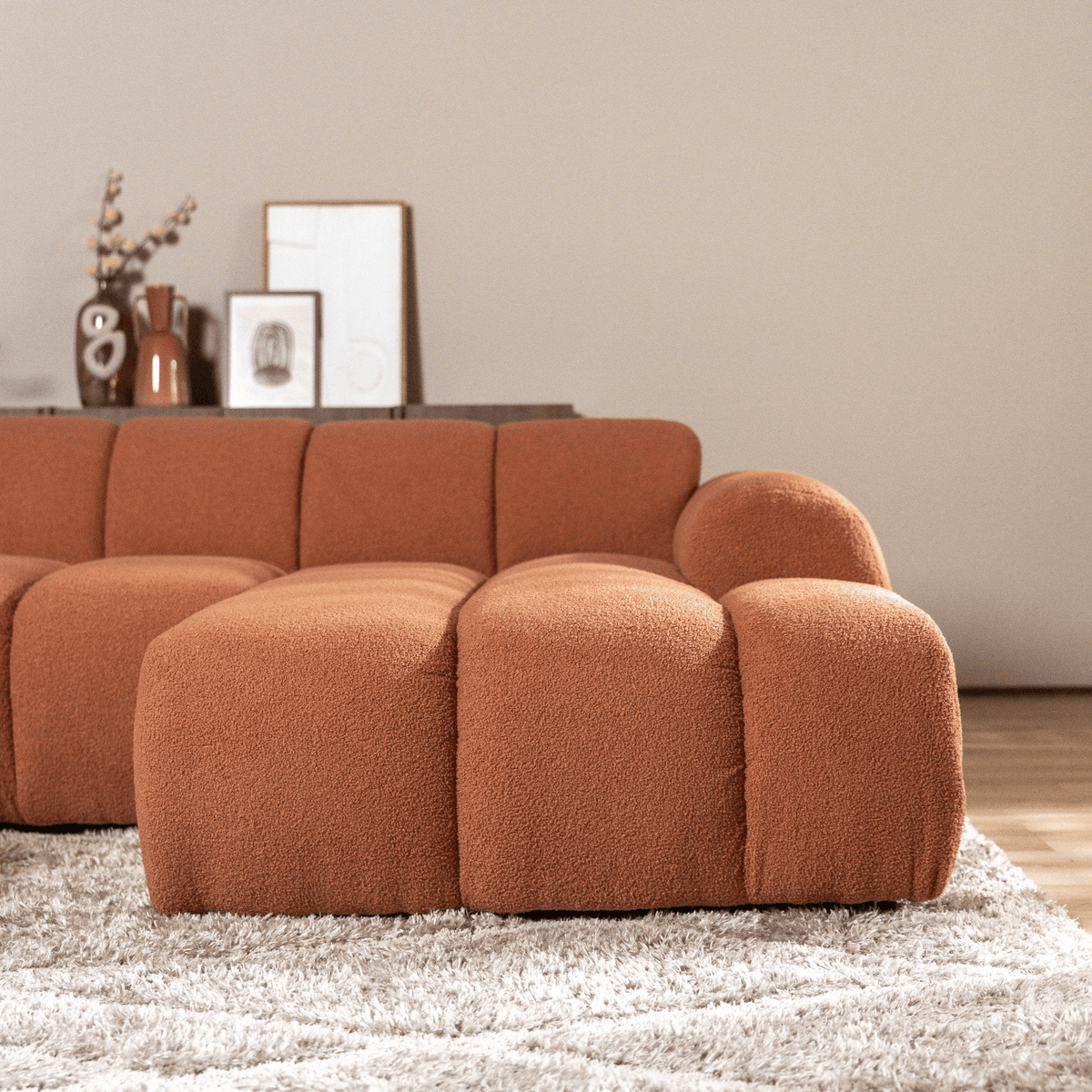 Sofás-Sofá rinconera con salón tejido bouclé cobre - rayas - derecha - Brix-Dimehouse