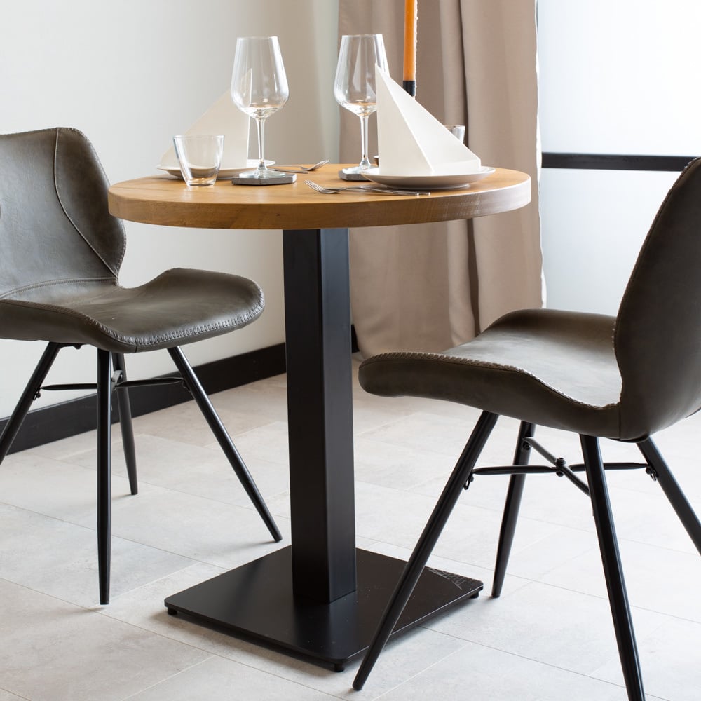 Mesa de comedor Mesa de bistro Redonda Dimehouse Marrón LxAnxAl 97x97x7 Madera de mango Foto atmosférica en situación.